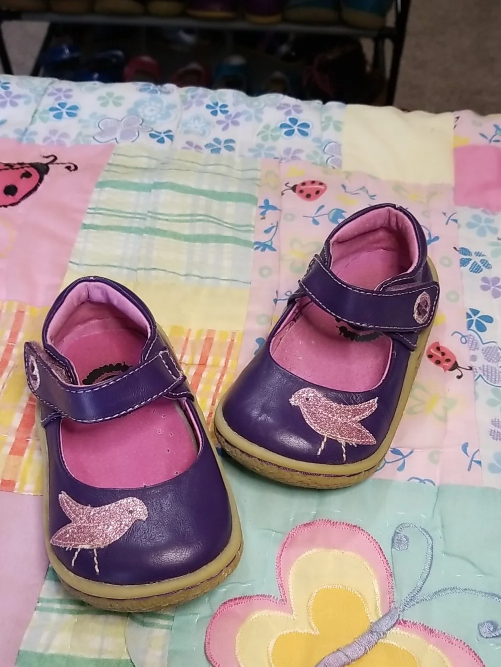 Livie & Luca Purple Leather Mary Jane Shoes with Pink Glitter Bird Size 5 Pio